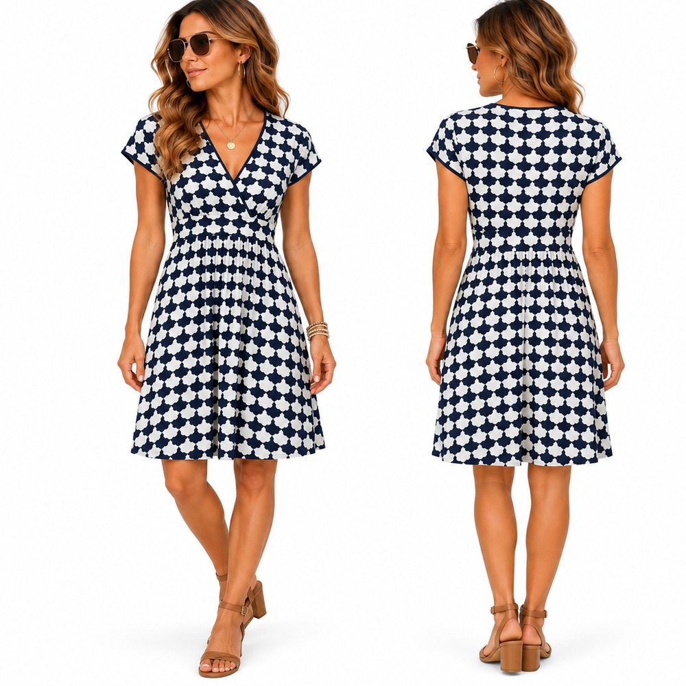 Boden Lily Jersey Dress Womens 10R Navy White Geo Print Faux Wrap Midi Preppy